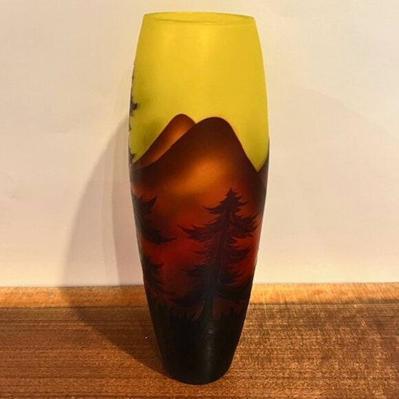 Yellow Cameo Glass Vase with Mountain Scene and Trees - Picture 3 of 9